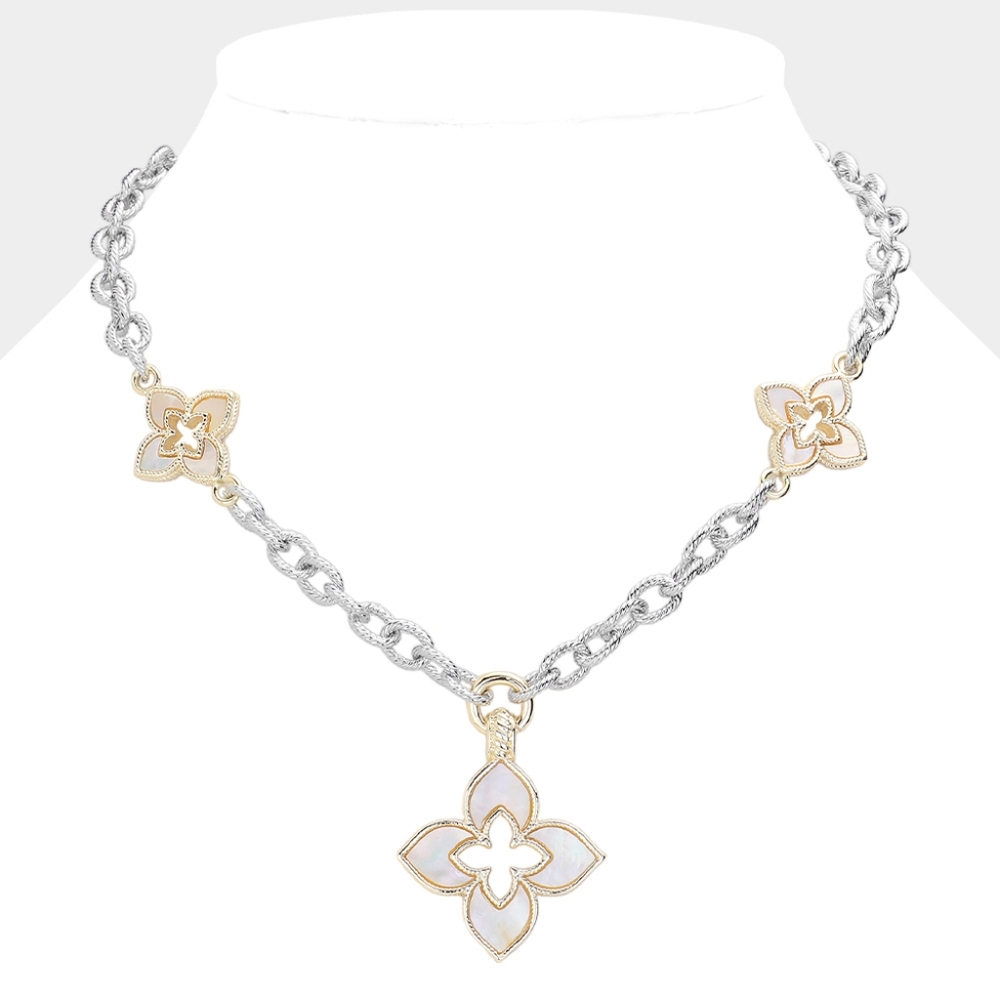 14K Gold Plated CZ Silver Two Tone Clover Chain Station Necklace Pendant Jewelry
